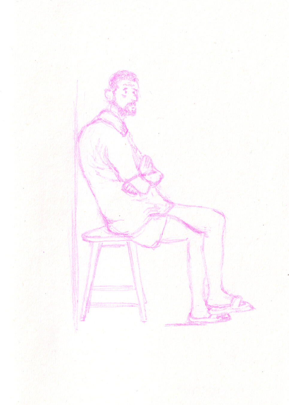 quick pink coloured pencil sketch of a man on a stool leaning against a wall