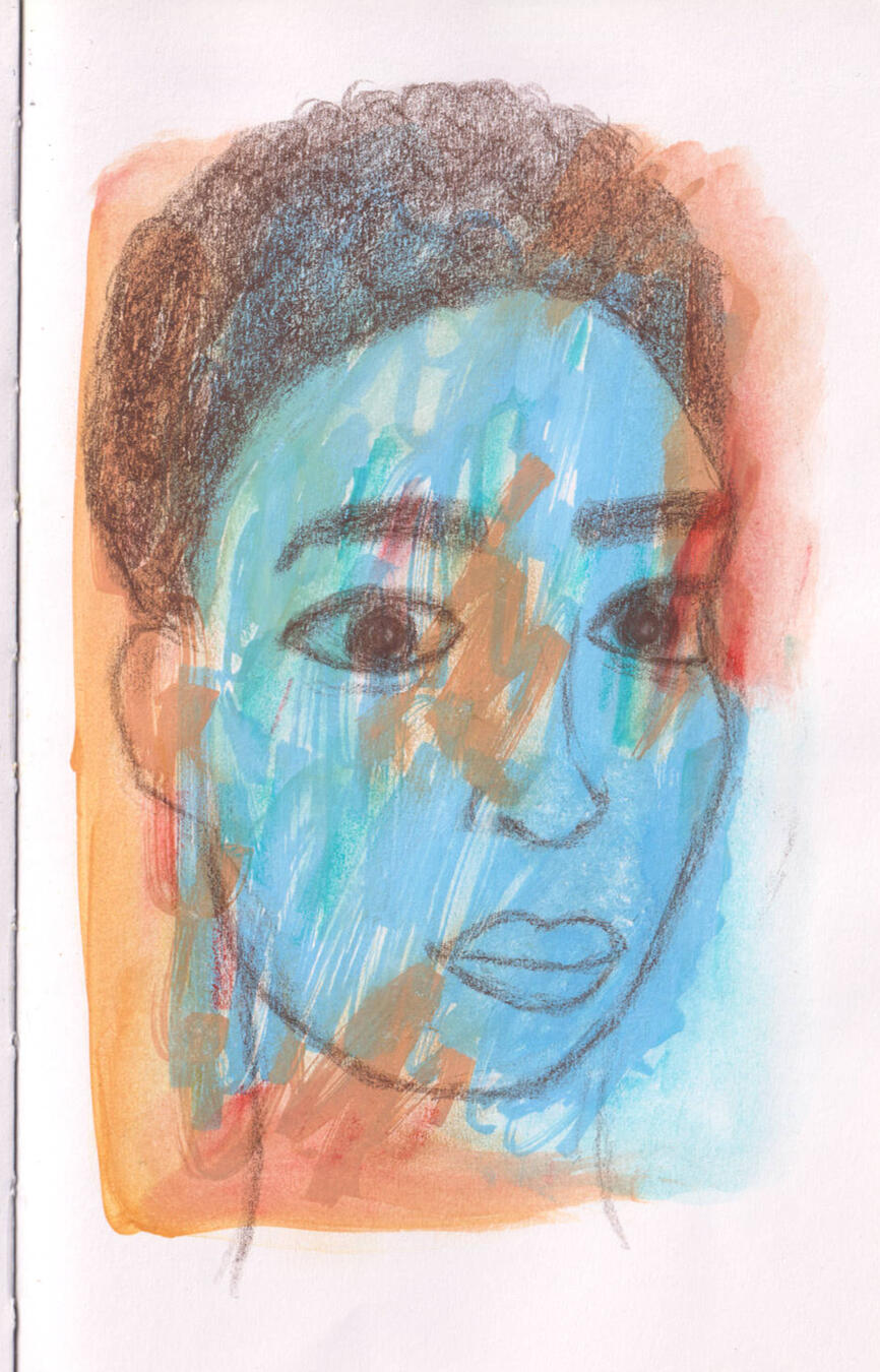 coloured pencil portrait of a woman of colour on a painted sketchbook page