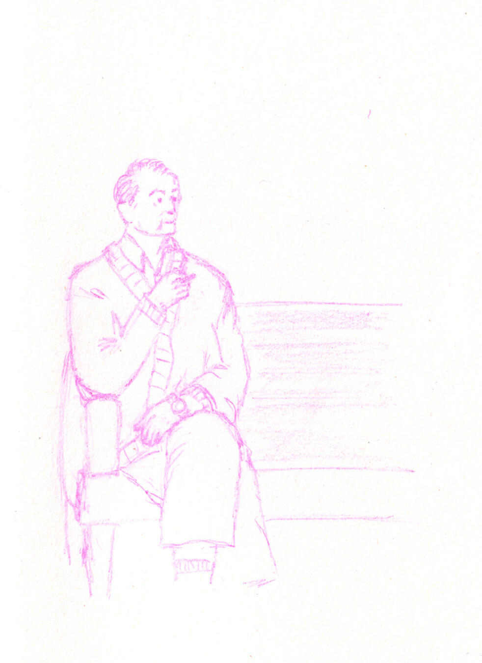 pink coloured pencil sketch of an elderly man sitting on a bench with a cigarette