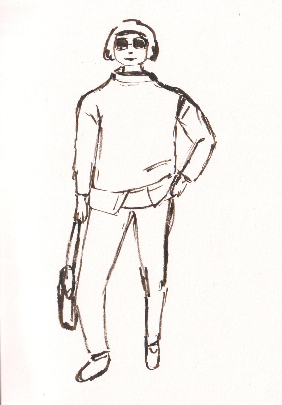 quick sepia ink figure sketch of a woman holding a handbag