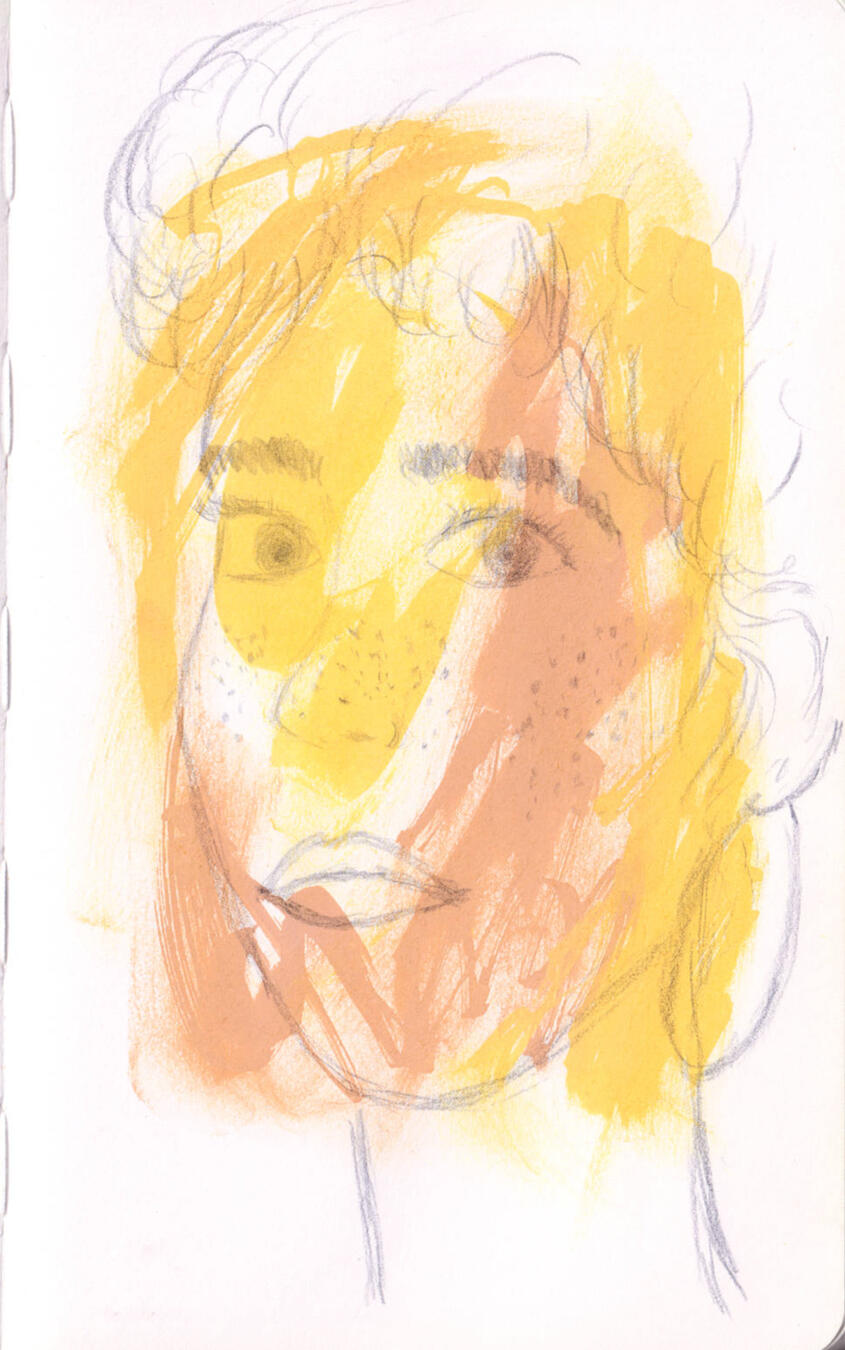 coloured pencil sketch of a woman's face on a painted background