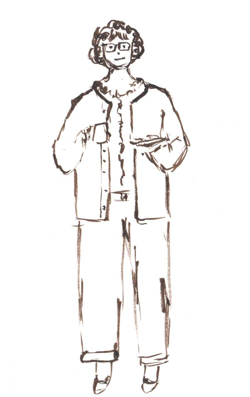 quick sepia ink figure sketch of a woman holding a plate and a cup